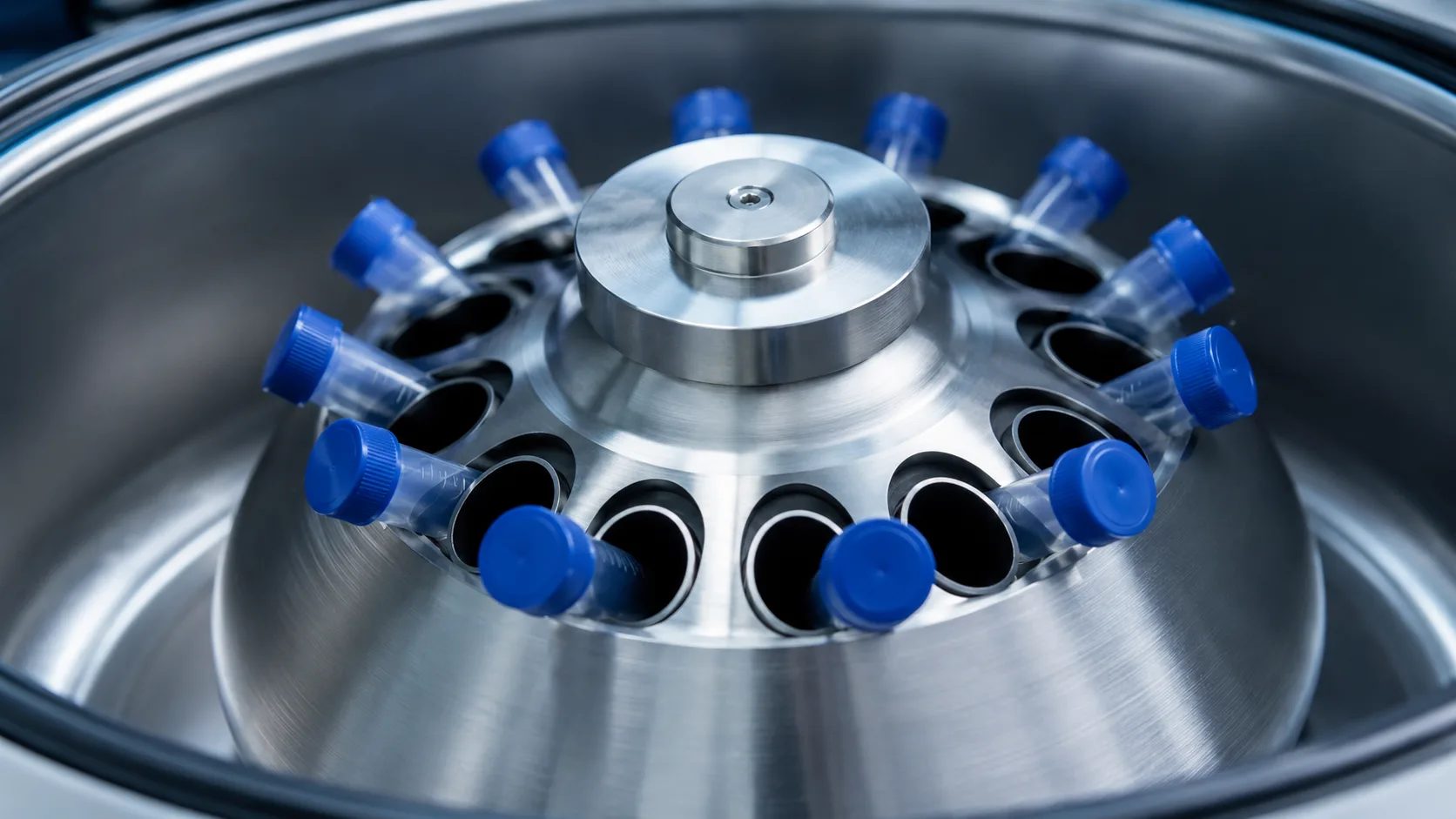 Närbild på en centrifugrotor med isatta provrör i en laboratoriecentrifug