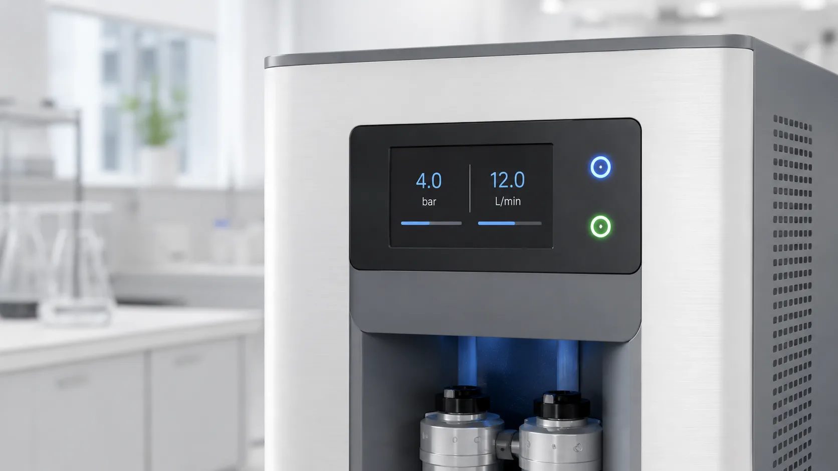 Kvävgasgenerator och vätgasgenerator på en laboratoriebänk anslutna till analysinstrument