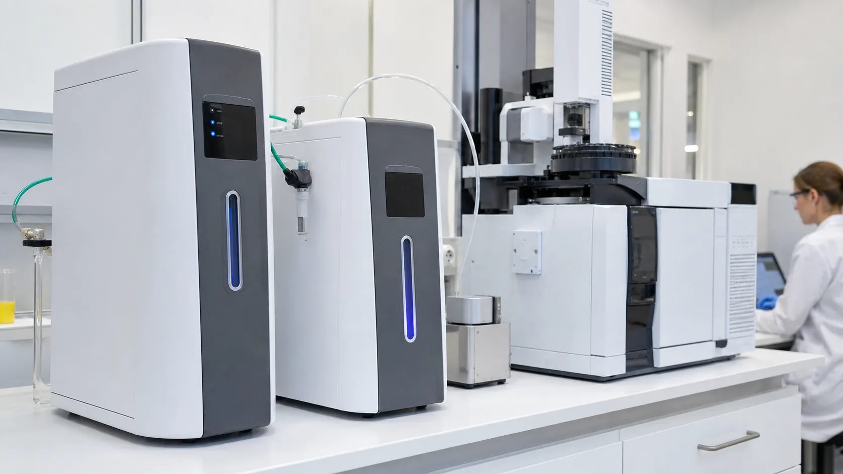 Oljefri membranvakuumpump och peristaltisk pump på en laboratoriebänk