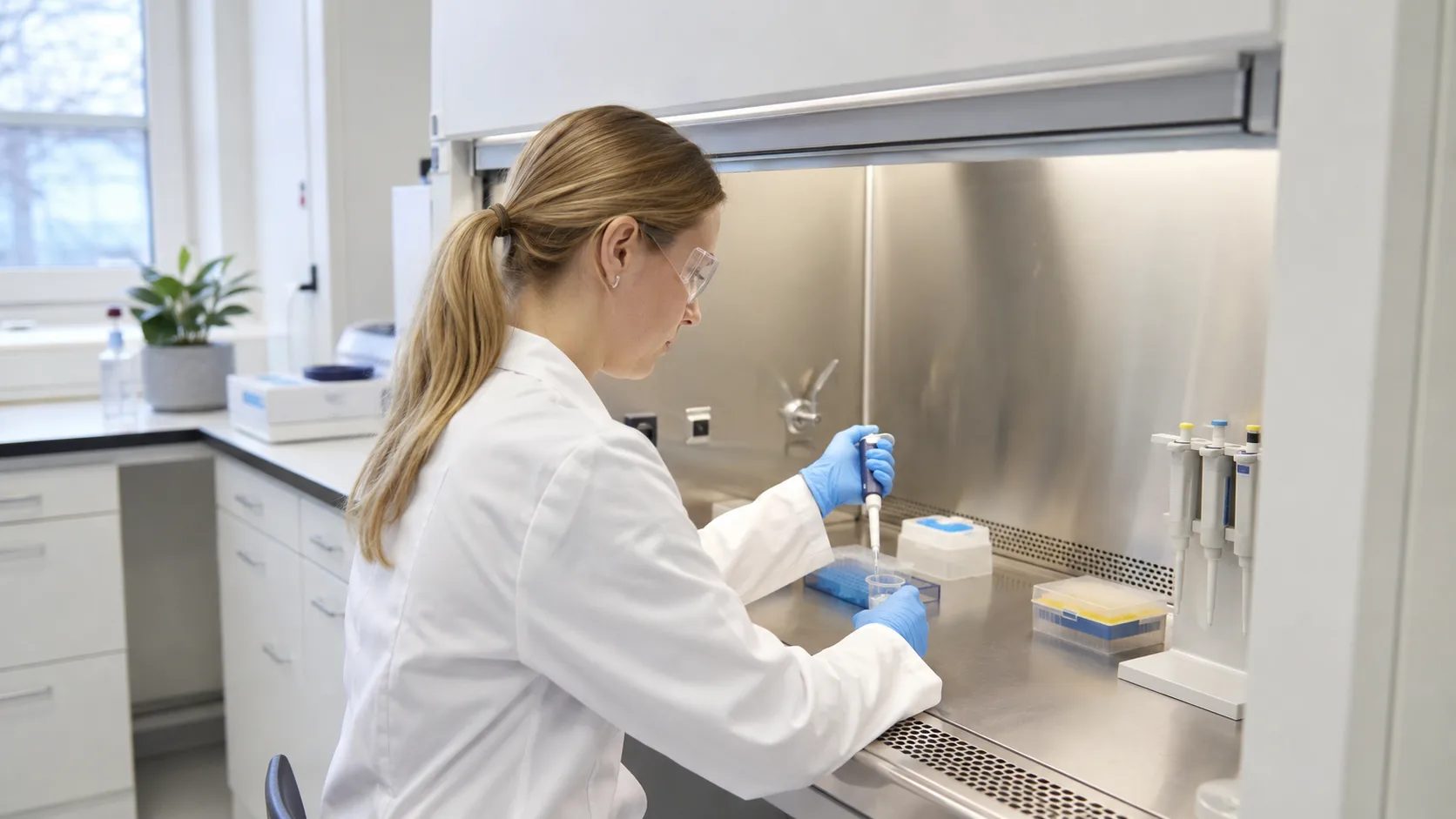 Biologisk säkerhetsbänk klass II A2 där en laborant arbetar med prover under HEPA-filtrerad luft